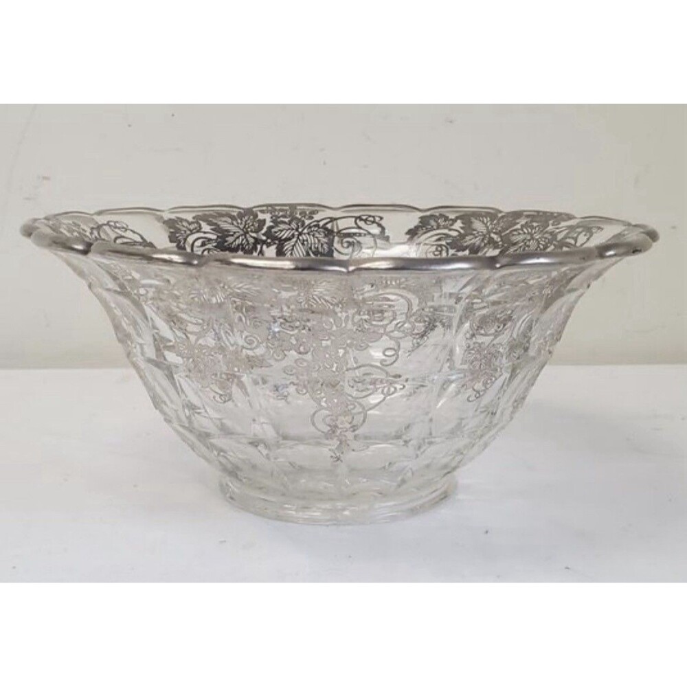 Large 10" Vintage Sterling Silver Overlay Glass Bowl Grape Vine Art Deco Heisey